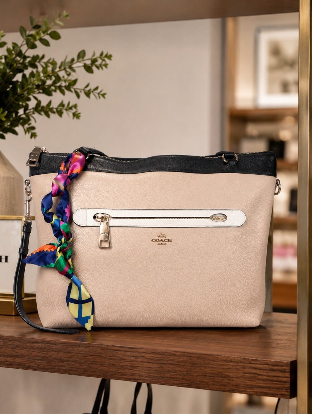 Coach Tyler Zip Top Tote – Tan & Off-White Leather Reversible Straps